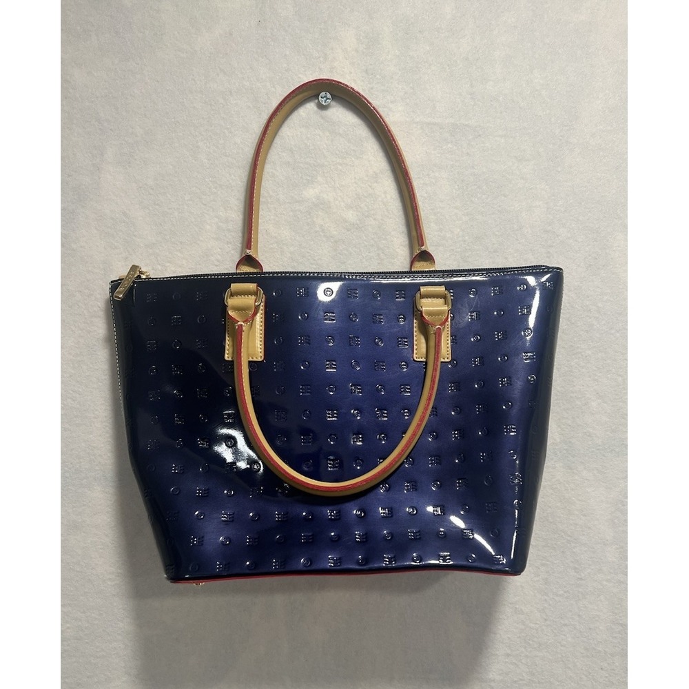 ARCADIA Patent Calf Leather Top Handle Bag Made In Italy Ocean Blue